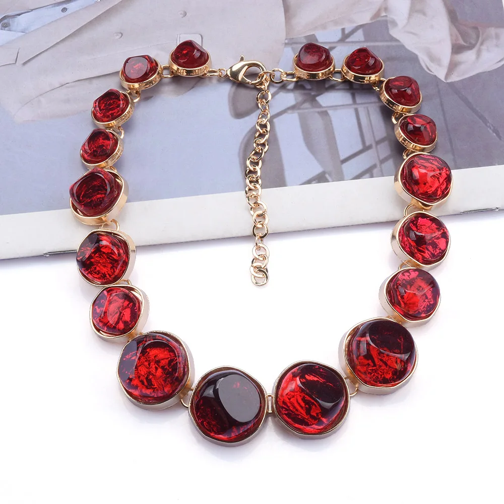 

2024 New ZA Multicolor Resin Round Metal Alloy Choker Necklace Women Indian Vintage Statement Large Collar Necklace Jewelry