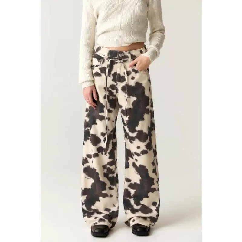 

Винтажные женские джинсы с коровьим принтом Y2K, потертые широкие мешковатые джинсы, женские мешковатые джинсы в американском стиле, модные мешковатые уличные джинсовые брюки унисекс