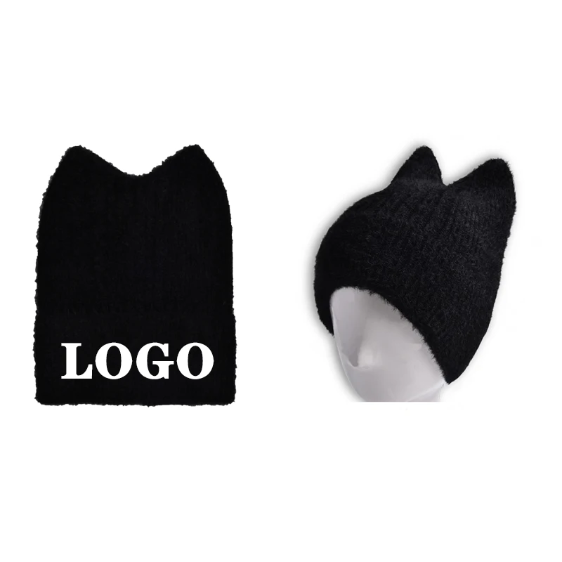 Korean Version Solid Color Cat Ear Cute Knitted Beanies Hat Thick Warm Comfortable Soft Stretch Hight Quality Custom Logo Beanie