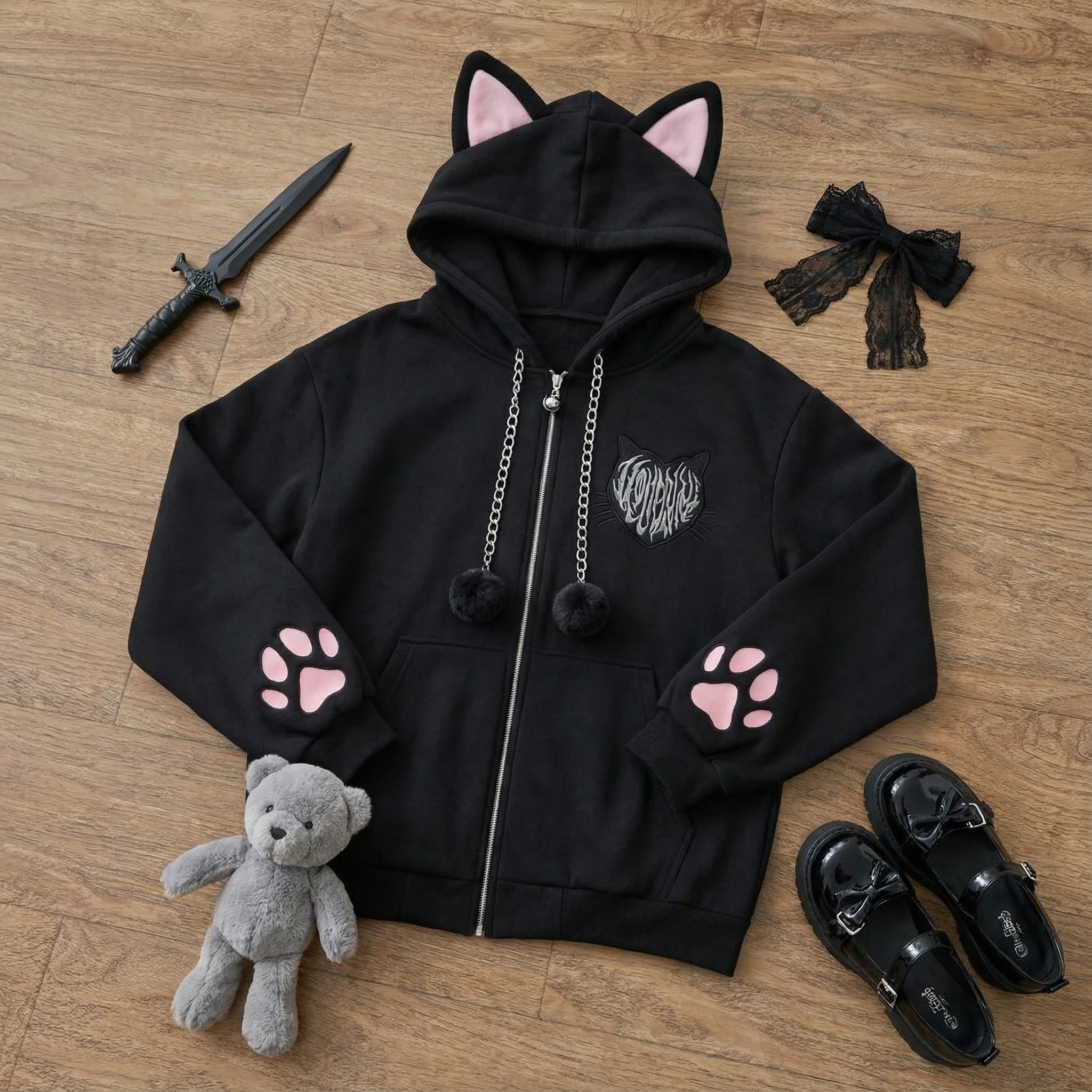 

Зимняя женская толстовка с капюшоном и ушками кролика в стиле кавайи, свободного кроя, с элементами пэчворка, милый и шикарный, в корейском стиле, популярная одежда