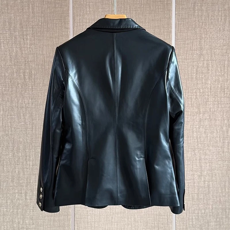 M-3XL chaqueta de cuero auténtico de primavera para mujer, chaquetas elegantes con cuello de solapa y un solo botón para mujer, chaquetas cortas ajustadas de traje de piel de oveja 2025