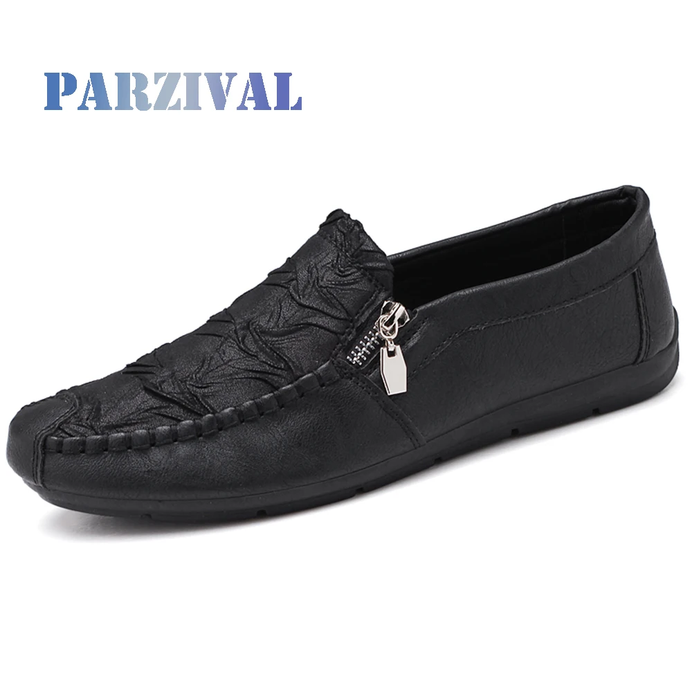 

PARZIVAL Genuine Leather Men Casual Shoes Mens Loafers Moccasins Breathable Slip on Zipper Italian Driving Shoes Chaussure Homme