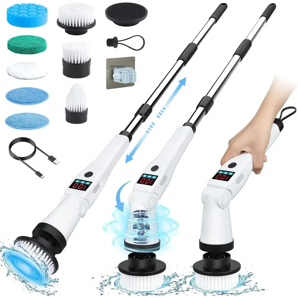 

Electric Spin Scrubber Shower Scrubber with Long Handle & 3 Speeds, Rechargeable Cordless Power Scrubber for Cleaning Bathroom,