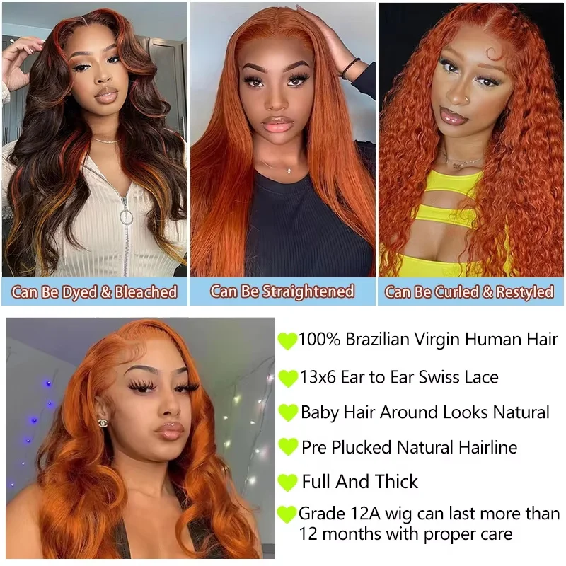 Gengibre laranja 13x6 perucas dianteiras do laço cabelo humano 200% densidade peruca onda do corpo 350 colorido peruca de cabelo humano pré arrancado