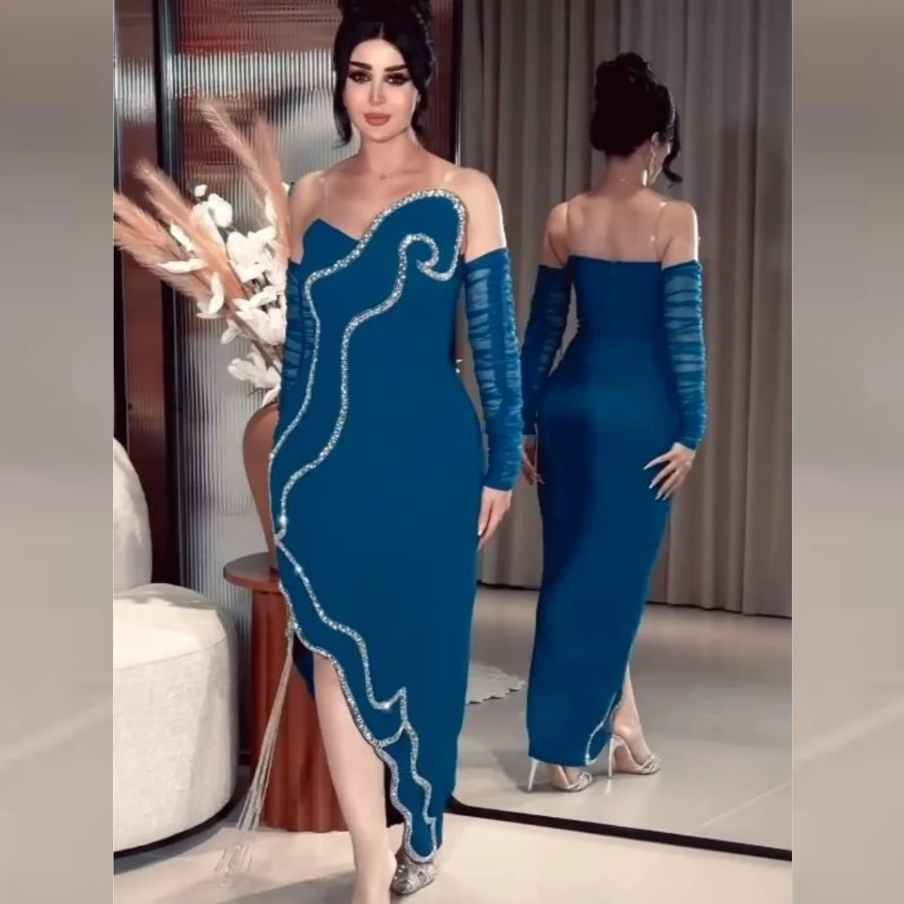 Disesuaikan indah kualitas tinggi berkilau Jersey payet terbungkus kotak-kotak Prom selubung Off-the-shoulder Bespoke acara gaun Midi D