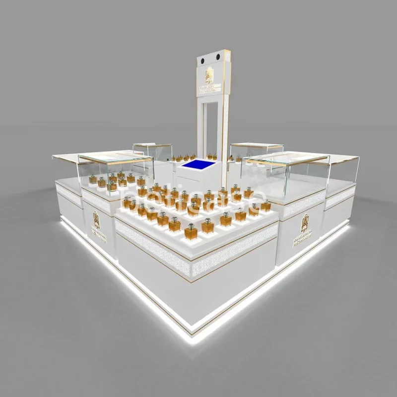 Custom, design retail aroma perfume LED display stand cabinets display perfume mall kiosk layout design for perfume shop