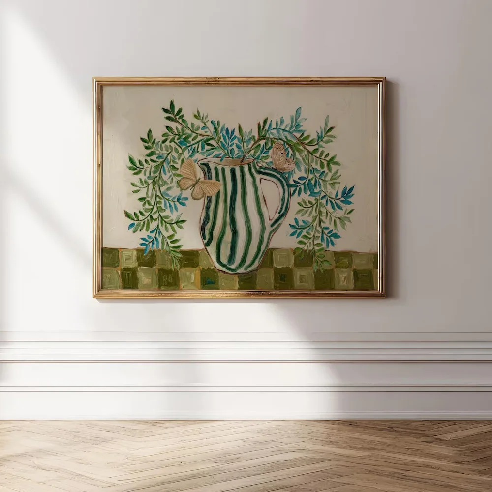 1 Stück Ungerahmtes Boho Grünes Botanisches Blumen-Vasen-Motiv Vintage Leinwand Minimalistische Cottagecore Wandkunst Deko Retro Gemälde