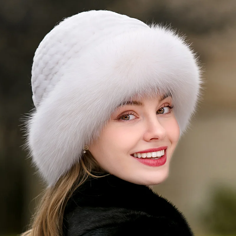 Lady Winter Real Fur Hat Women Warm Knitted Genuine Formal  Rabbit Fur Hat Top Natural Fox Fur Bomber Caps Rex Rabbit Fur Cap