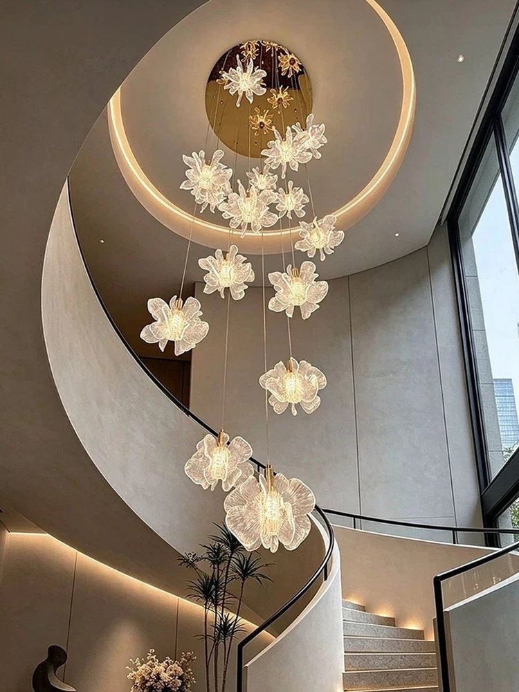 Modern style chandelier for living room, loft apartment villa with suspended rotating staircase landing lighting fixture