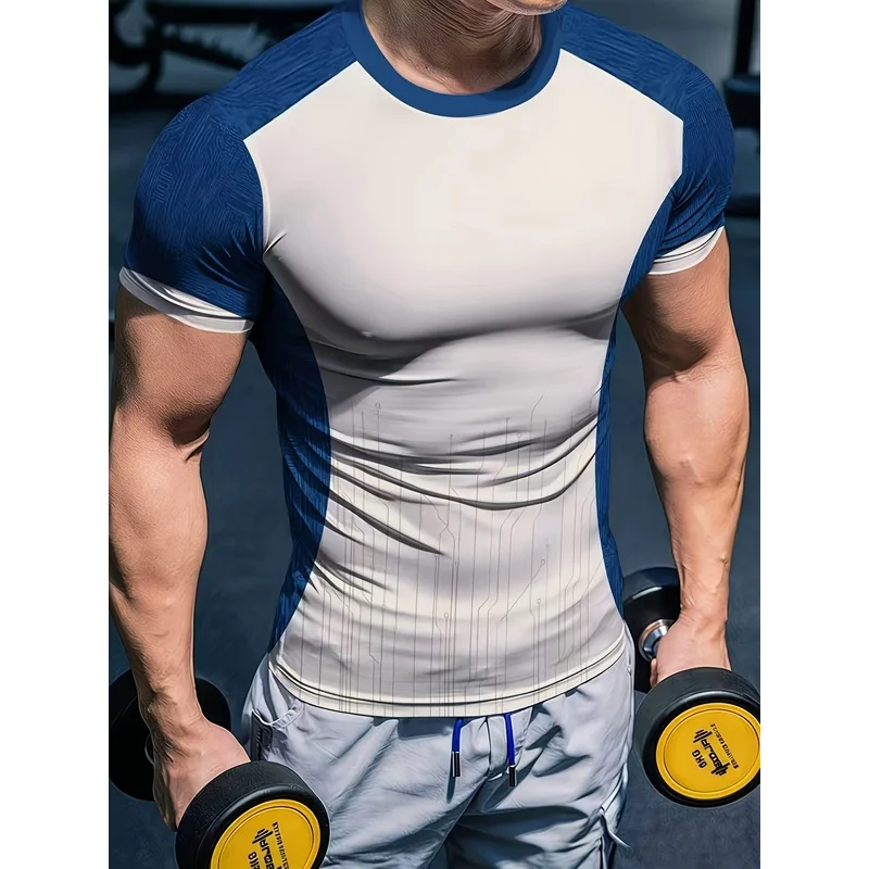 Men's high-elasticity quick-drying blue and white color-blocked athletic t-shirt designed to accentuate muscle definition