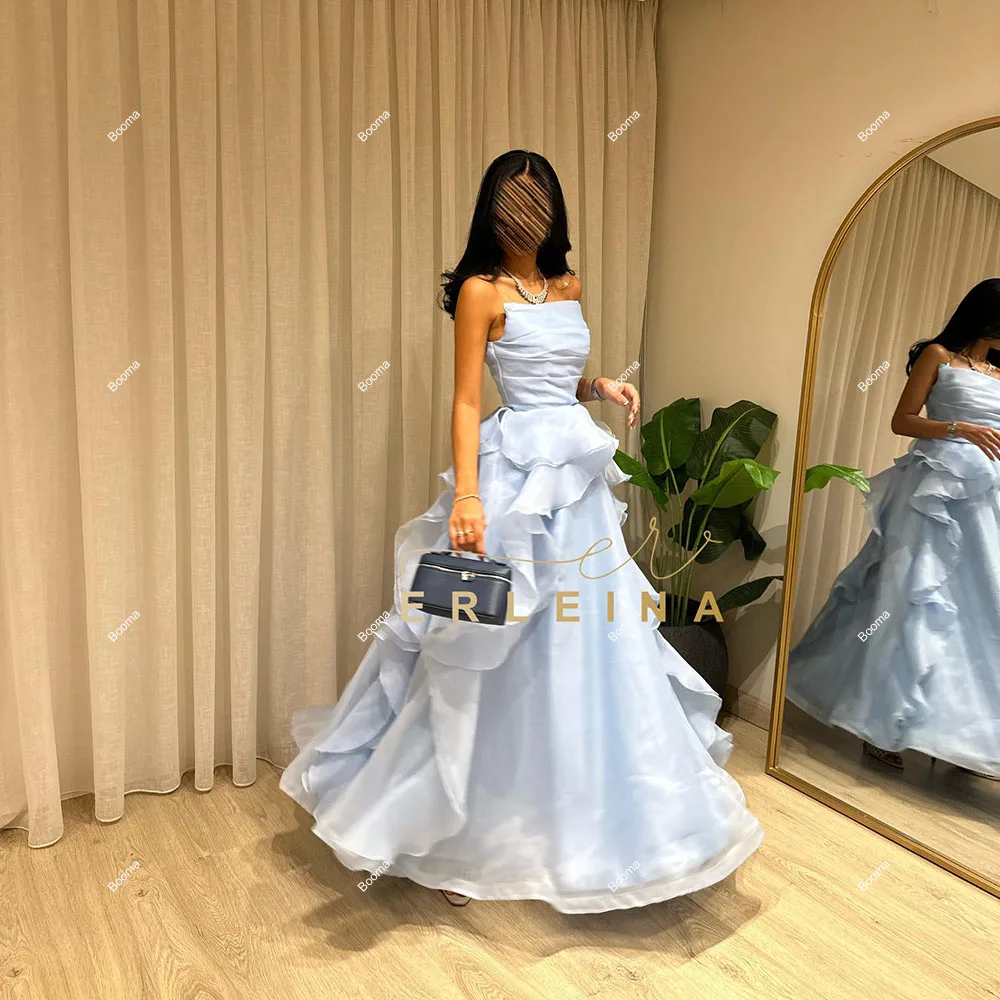 Booma Sky Blue A-Line Prom Dresses Strapless Pleated Ruffles Evening Dresses for Women Ankle Length Sleeveles Formal Party Gowns