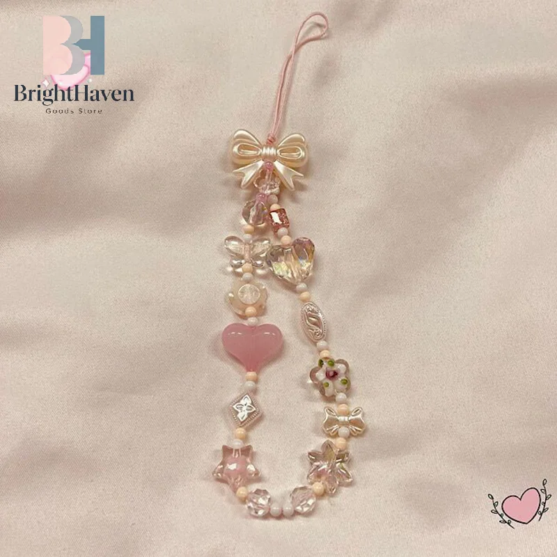 Chaîne de téléphone portable, cordon, porte-clés et pendentif mignon avec perles, motif fleur de cerisier rose et nœud d'amour, breloque douce pour sac, cadeau