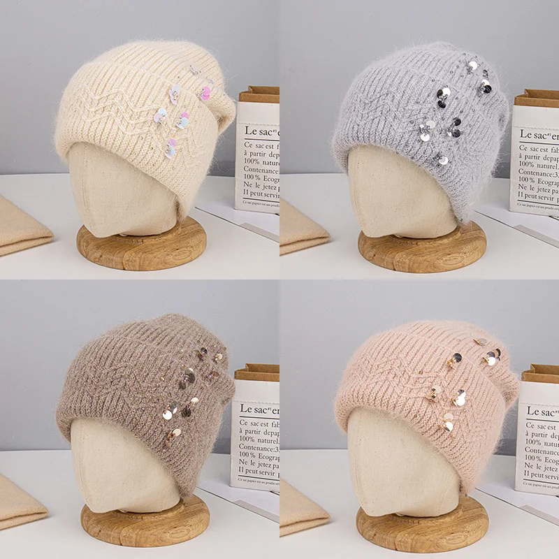 Beanies For Woman Winter Back Split Sequin KnittedWarm Skullies Hat Portable Outdoor Earflap Caps  Angora Rabbit Hair Couple Hat