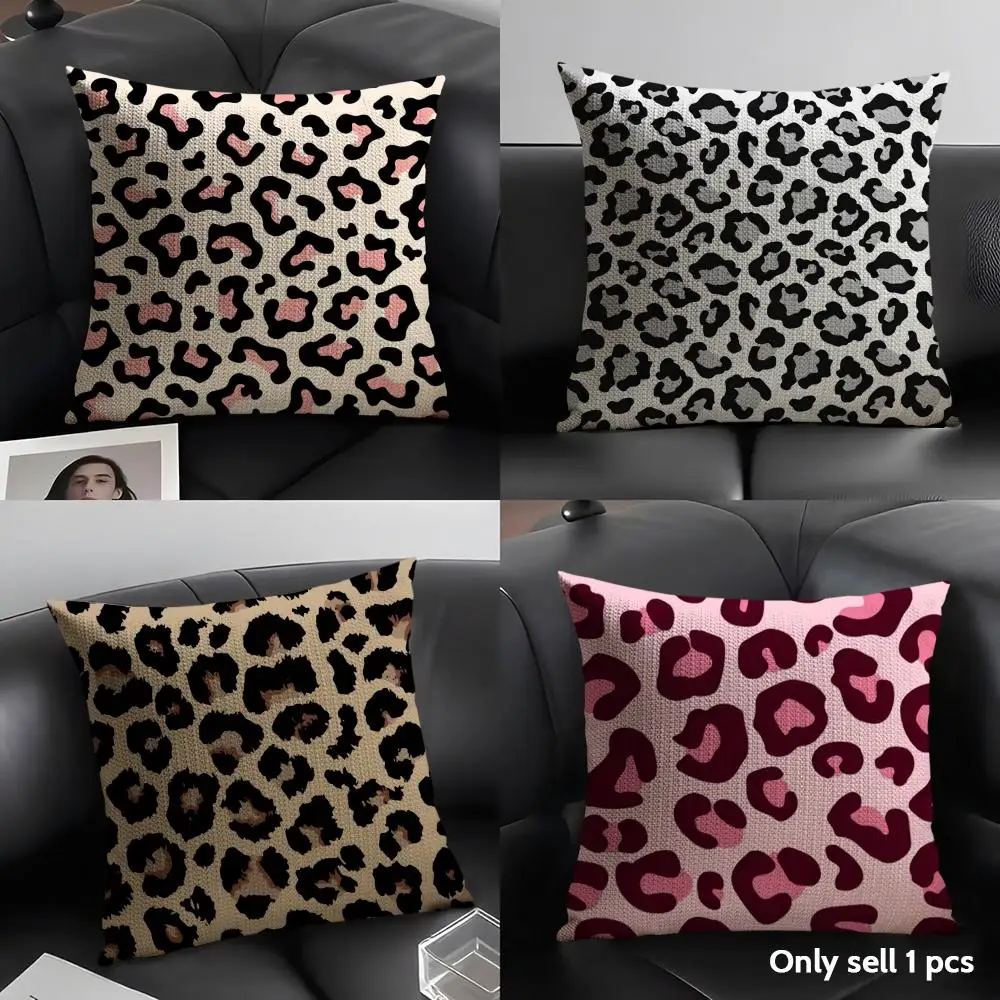 Pink Leopard Pattern Cushion Cover Natural Linen Organic Fabric Double-Sided Printing Breathable Perfect Gift for Decor