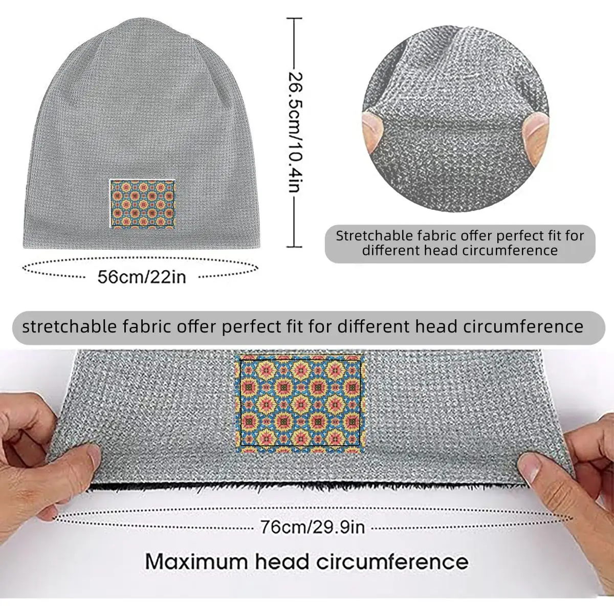 Mediterranean,colorful,vibrant,mosaic Tiles Art Waffle Knit Fleece Lined Beanie with PU Leather Patch Warm Winter Soft Cap