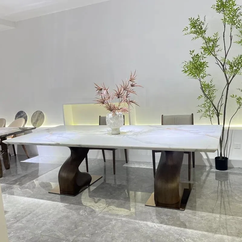 Modern Simple Luxury Natural Marble Dining Table with Solid Wood Legs Rectangular Home Furniture 2.6m