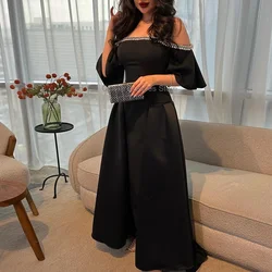 Black Beading Pearls Evening Dress Off the Shoulder A-Line Floor Length Satin Strapless Prom Gowns High Quality Party Dress 2024