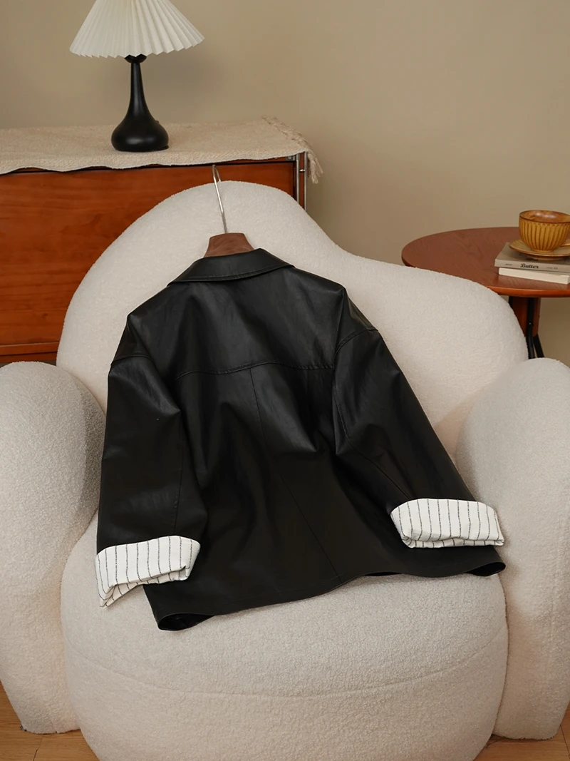 Cool Bla PU cuir Jaet femmes longue fermeture éclair rouleau Sve col montant Thiened coupe droite Sle Faionable vêtements d'extérieur