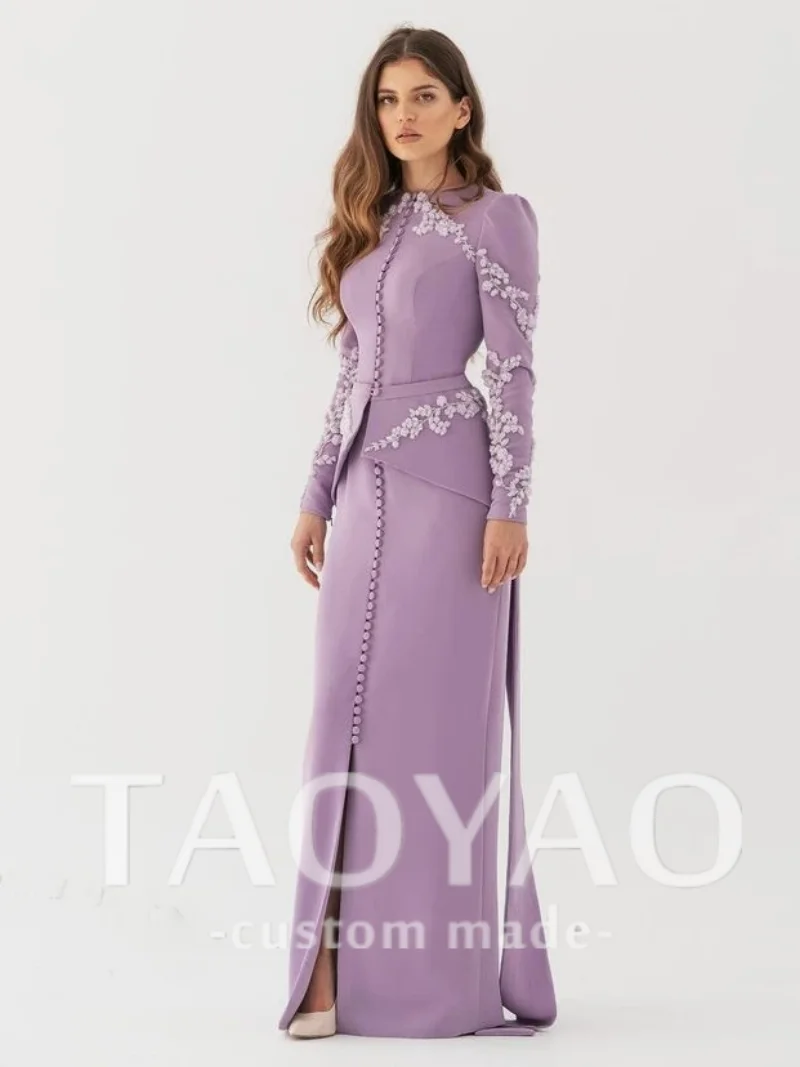 Elegant Purple Mermaid Vintage Beaded Button Flowers Long Sleeves Customized Formal Occasion Prom Dress Evening Party Gowns