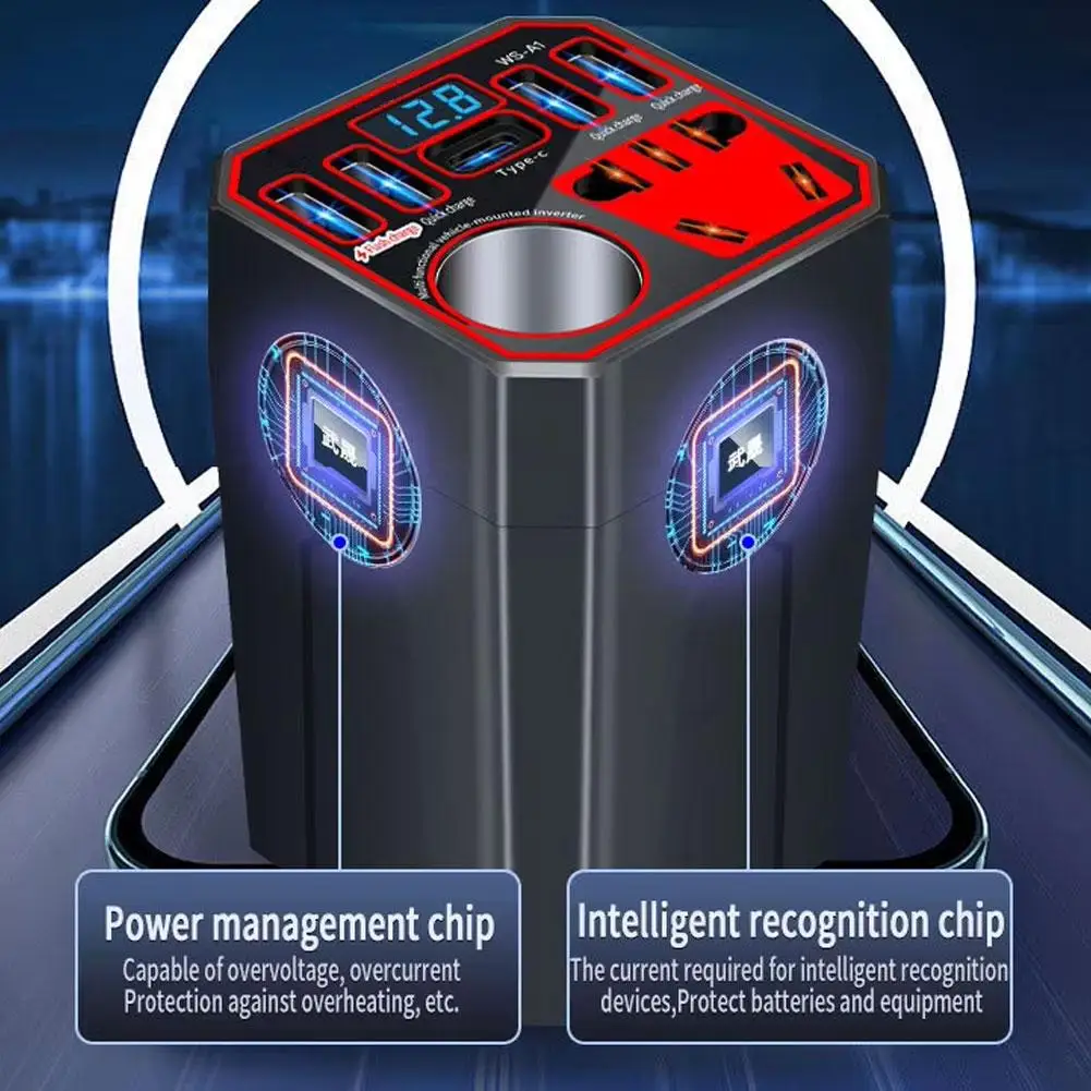 عاكس طاقة السيارة 12/24 فولت إلى 220 فولت مع 7 منافذ عرض جهد الإخراج QC3.0/PD شحن سريع عالمي للشاحنات ملحقات السيارة