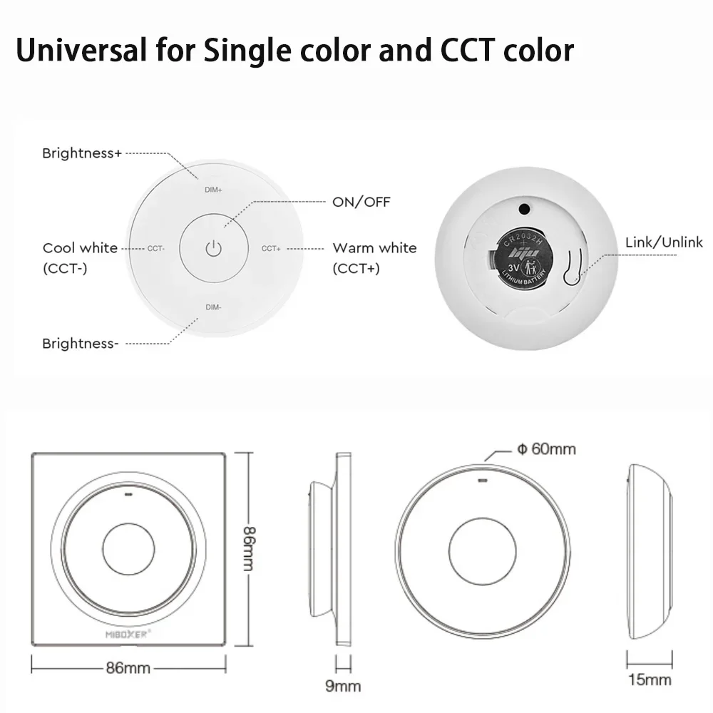 Battery Powered Mini 2.4G RF Wall Mounted Rotating Switch Remote Controller Dimmer for CCT Single Color LED Strip Light Lamp