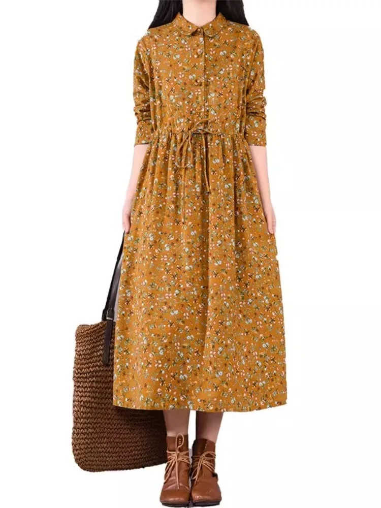 

Linen Women's Dr Autumn Winter Vintage Floral Collar Comfortable Long Sve Robe Cotton Linen Full Skirt Midi Faion