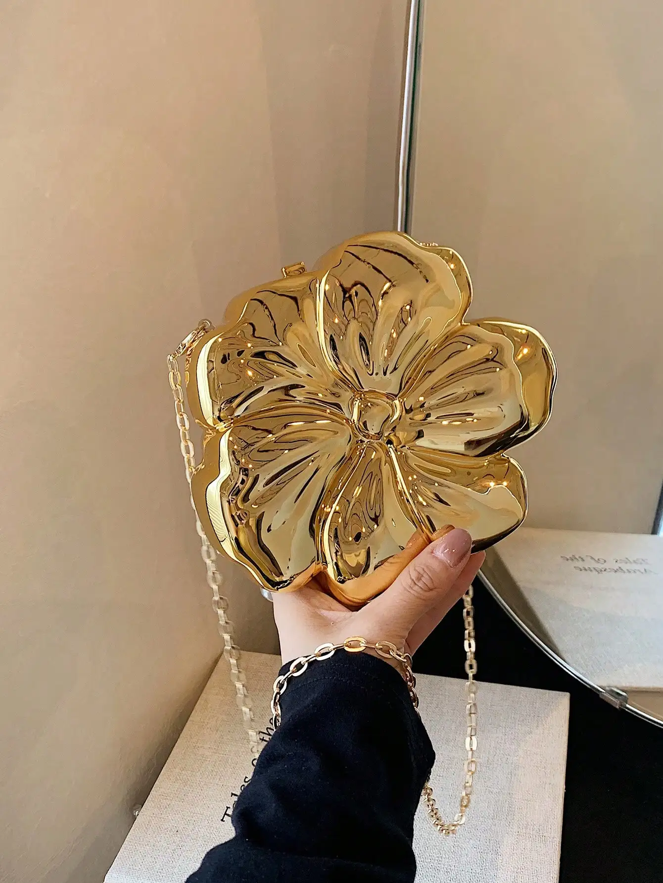 

Gold Floral Metal Clutch with Chain Strap for Evening Events