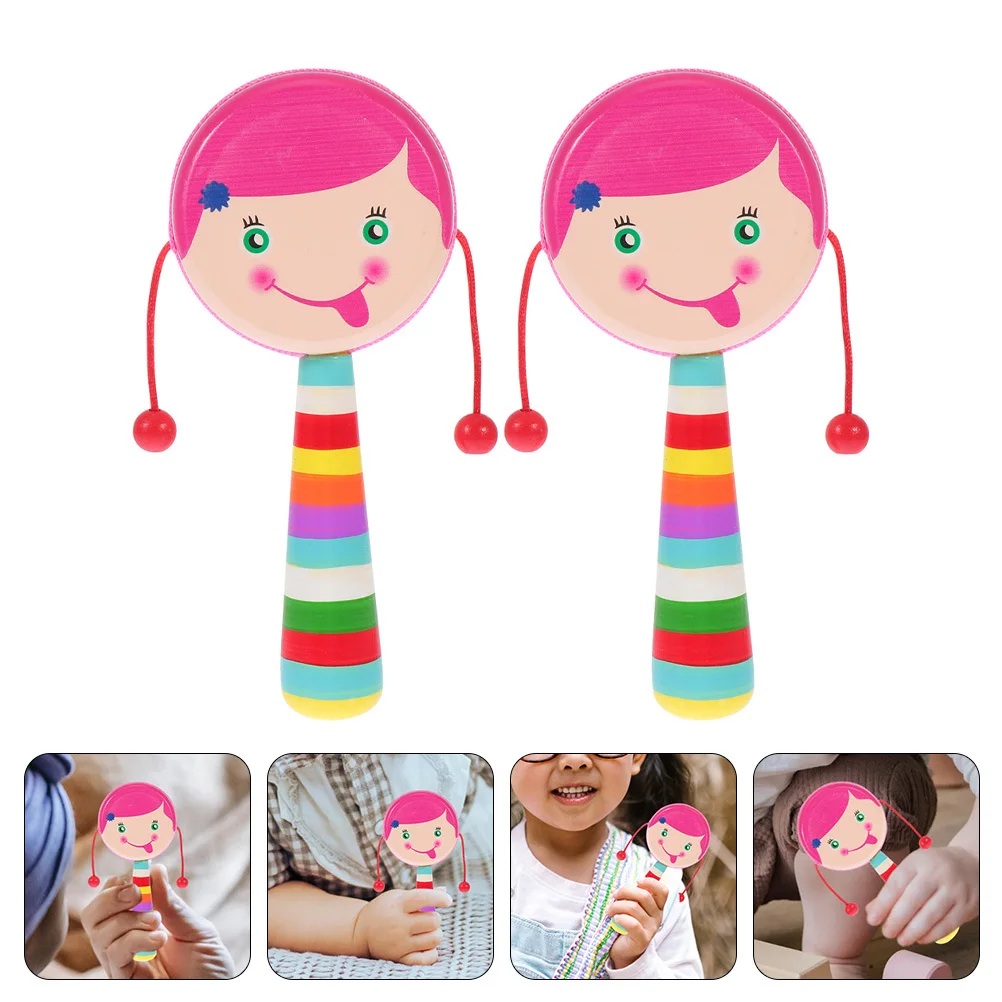 

2Pcs Baby Wooden Rattle Cartoon Design Handheld Musical Shaking Lightweight Safe for Auditory Visual Development