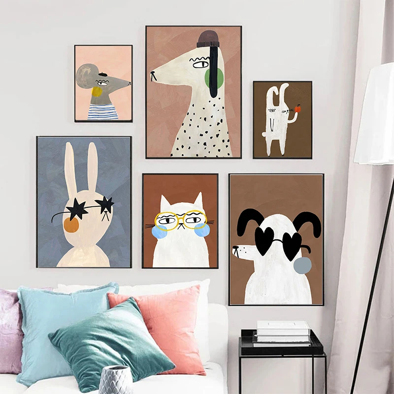 Nordic Retro Cute Rabbit Leopard Dog Cat Wall Art Canvas Painting  Posters and Prints Wall Art Pictures for Kids Room Home Decor