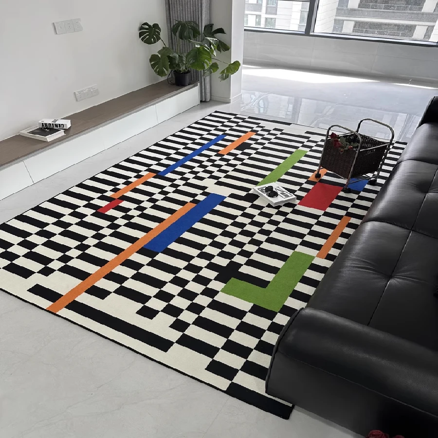 Modern Carpets for Living Room Home Decor Light Luxury Abstract Fashion Black White Plaid Art Chessboard Bedroom Polyester Rugs