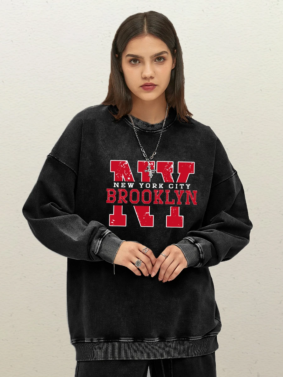 New York City Brooklyn Pattern Woman Washed Cotton Streetwear Comfortable Soft Clothes All-Match Warm Hoodie Y2K Sweatshirt