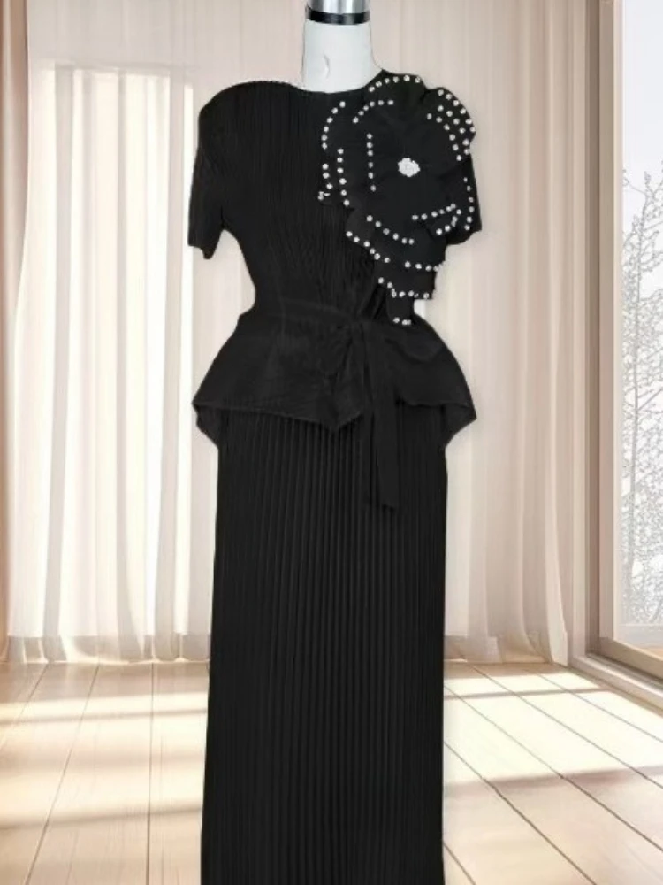 Miyake Pleated African Flower Top Set Embellished with Loose Temperament Elegant Solid Color Women's Two-piece Set