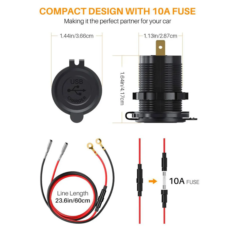 12V/24V 22W Waterproof 4.2A Dual USB Fast Charger Socket Power Outlet Car Charger with Switch for Car Motorcycle Truck RV Boat