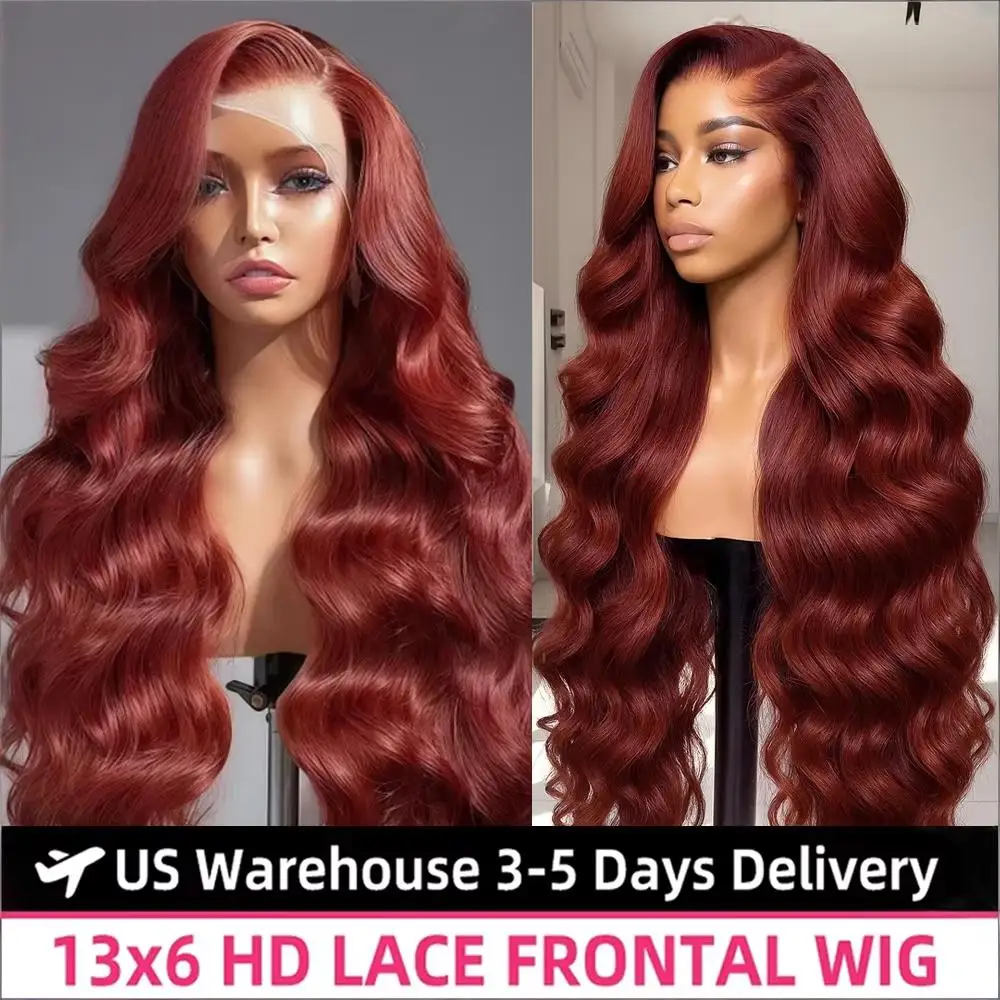 

40 Inch Reddish Brown Body Wave Human Hair Wigs 13x4 Lace Frontal wig 250% Density Pre Plucked Human Hair Wigs For Women