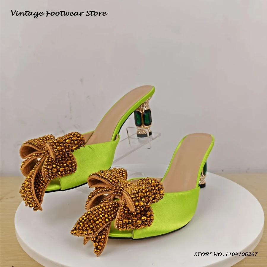 

Crystal Butterfly-knot Satin Mules Round Open Toe Crystal Round High Heel Shoes Women's Summer Pull On Party Wedding Shoes