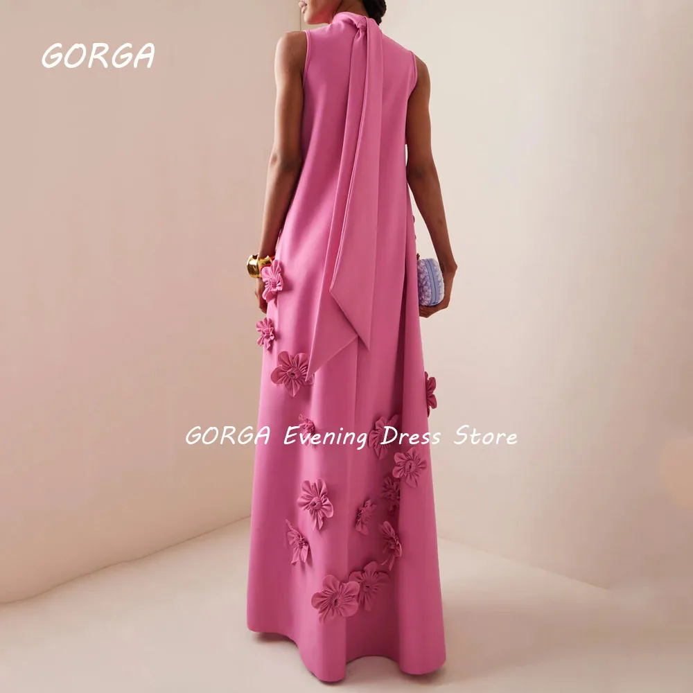 GORGA High Neck 3D Flowers Straight 2024 Slim Long Crepe Ocassion Gown Floor-Length Evening Dress فستان سهرة نسائي