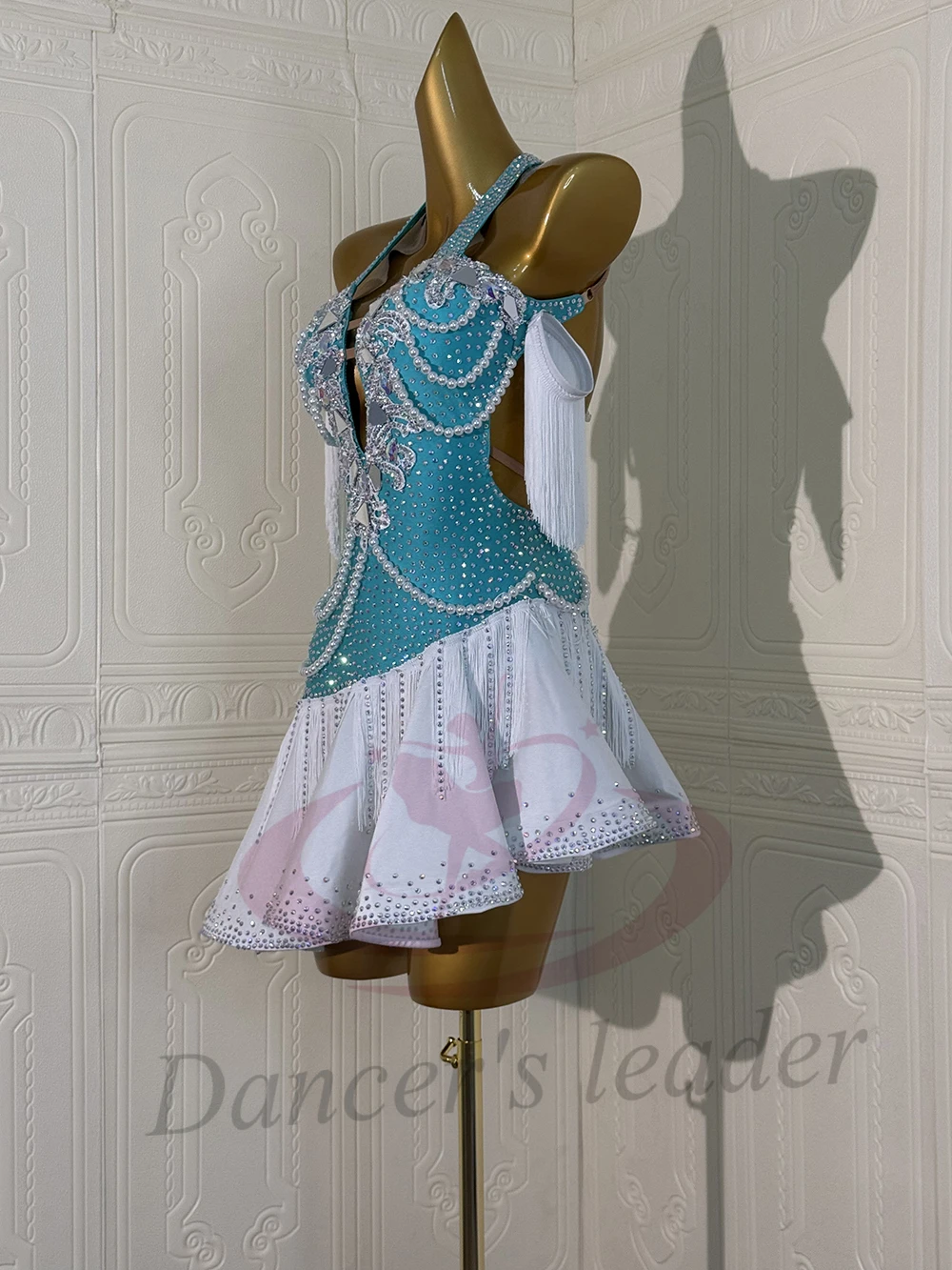 زي الرقص اللاتيني AB Stone أنثى الكبار الأطفال الراقية مخصصة سلسلة اللؤلؤ فستان أسود بركة السامبا