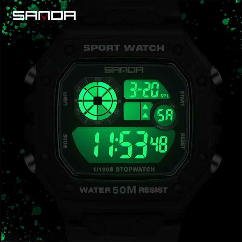 SANDA 패션 남자 전자 시계 스포츠 다기능 방수 LED 빛나는 단일 디스플레이 작은 사각형 전자 시계