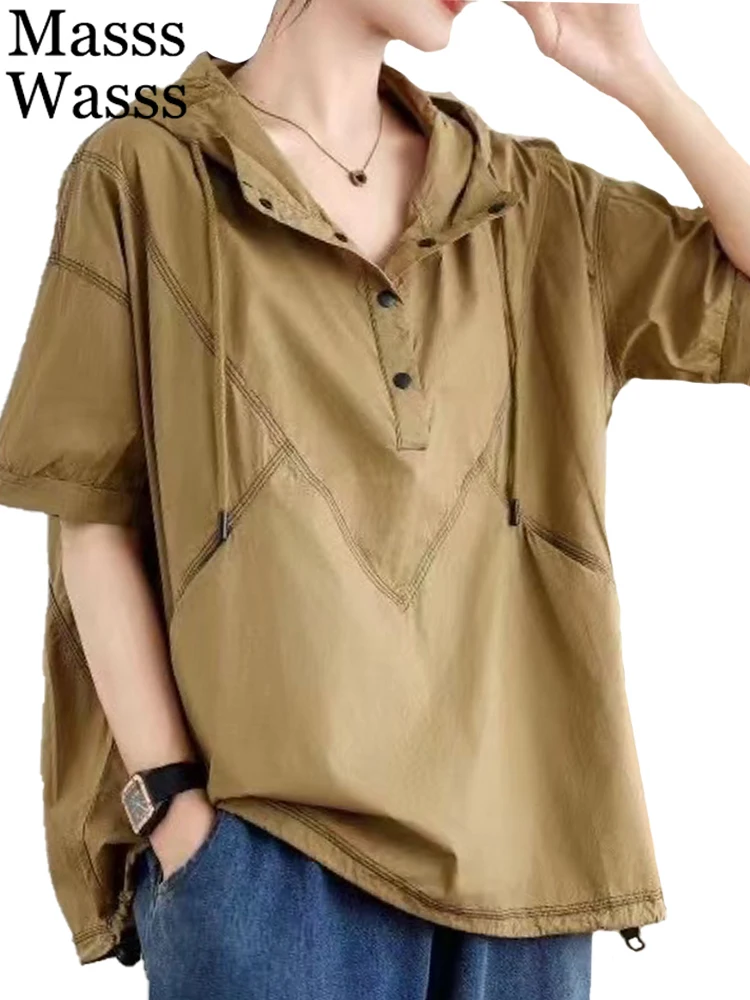 Mass Wasss Summer Korean Design Blouses Womens Leisure Loose Hooded Chiffon Shirts Ladies Luxury Tops Classic Fashion Clothing