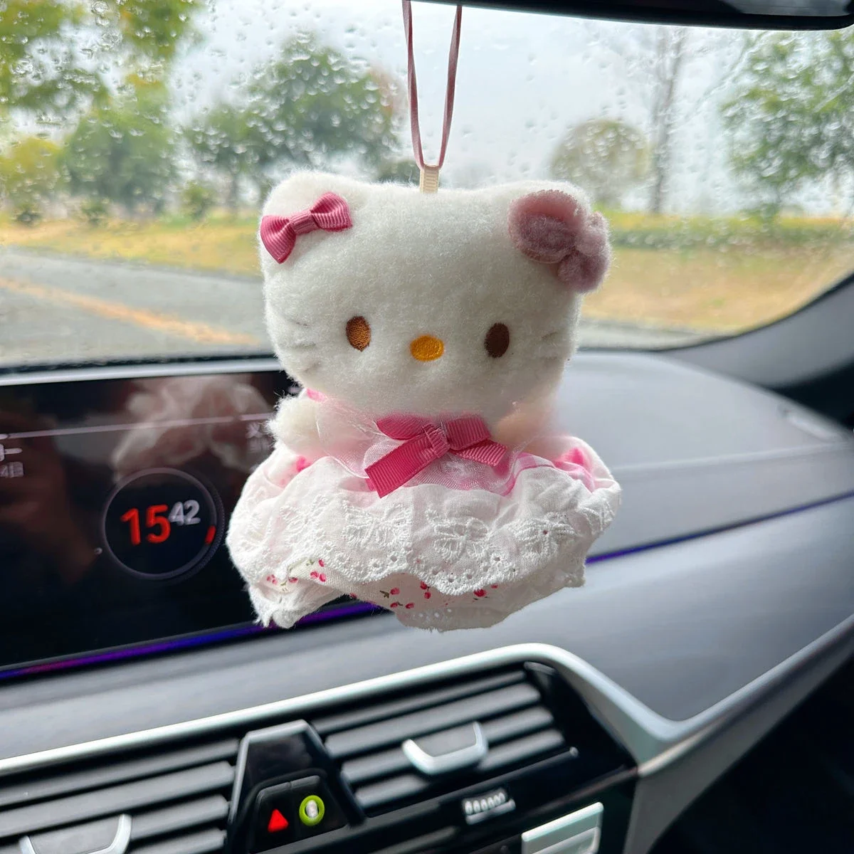 MINISO HelloKitty Car Rearview Mirror Keychain Plush Pendant Cute Cartoon Wedding Dress Kitty Car Interior Decoration Pendant