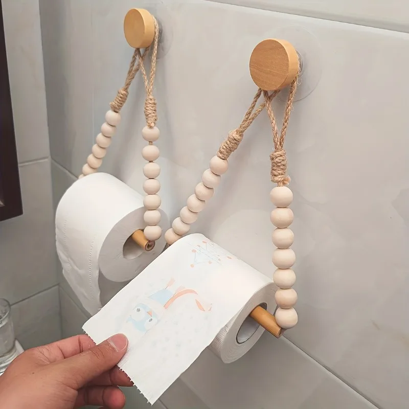 1/2 PCS Punch-Free Roll Paper Storage Rack Rustic Style with Hemp Rope Wooden Balls Adhesive Installation Toilet Paper Holder