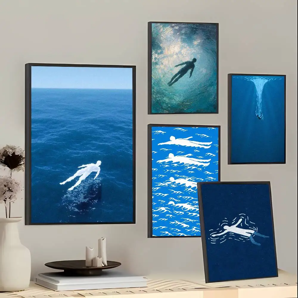 Deep Ocean Back view of a person Silhouette Poster, Underwater Blue Sea Swimming Figure Print, Minimalist Wall Decoration
