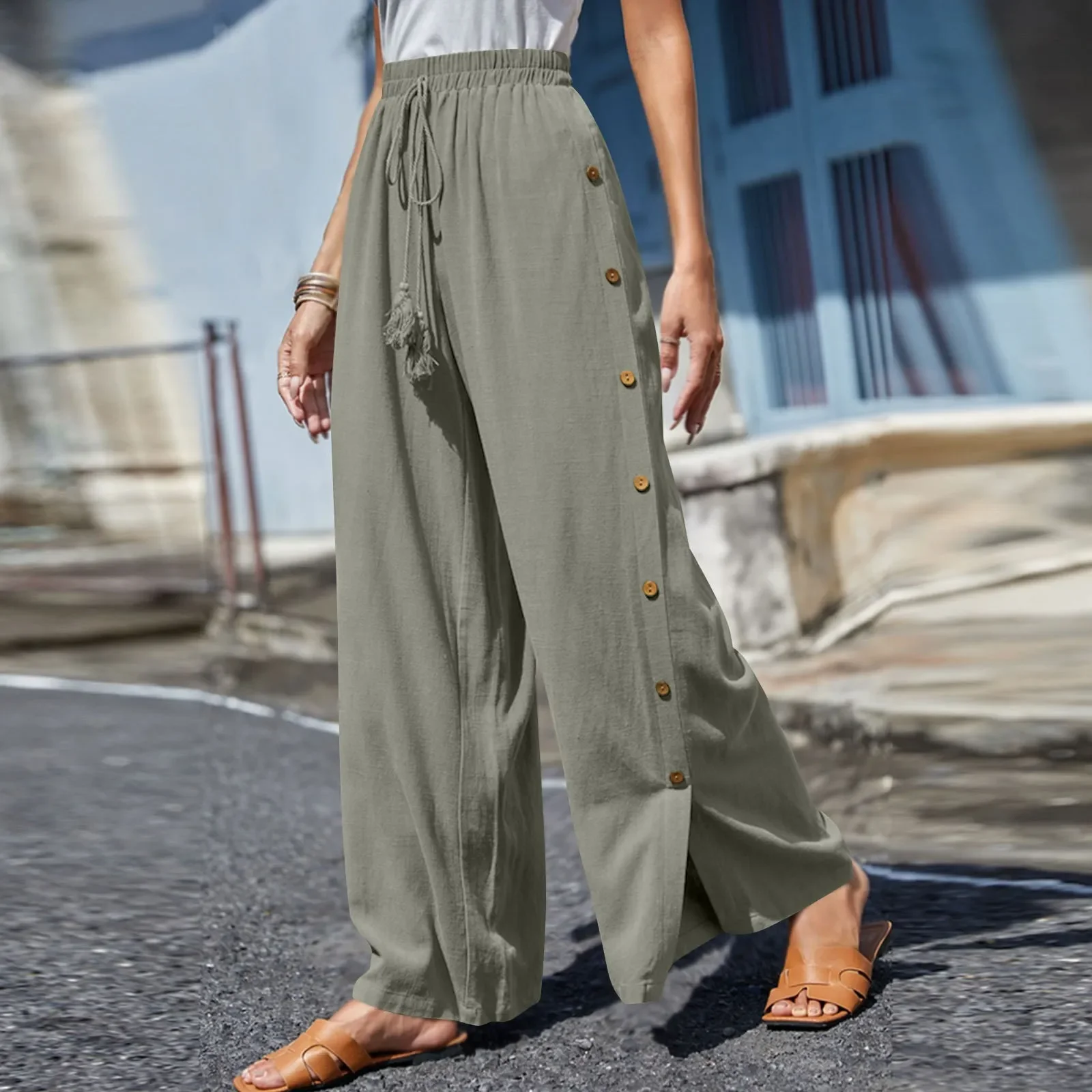 

Spring Summer Wide Leg Pants Trousers Women's Waist Leisure Solid Color Elastic Waist Lace Up Loose Casual Pants Pantalones