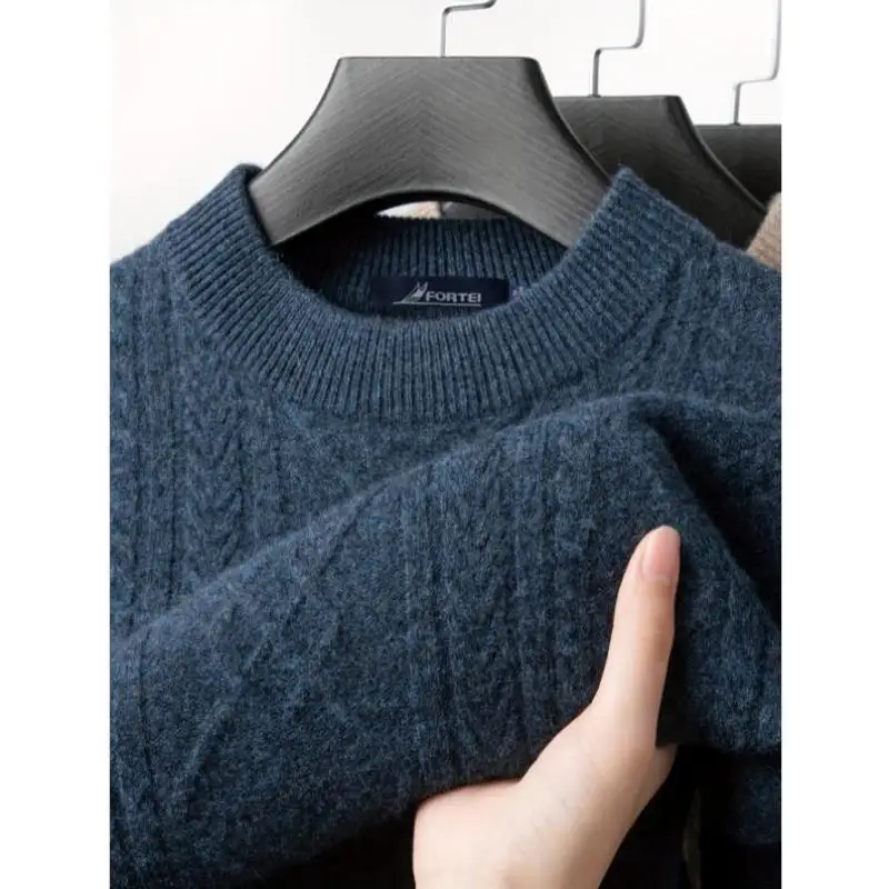 

New Men's Pure Knitted Fabric Casual round Ne Pullover Sweater Coolmax Fiber Collar Nine Sve Length Winter Thiened
