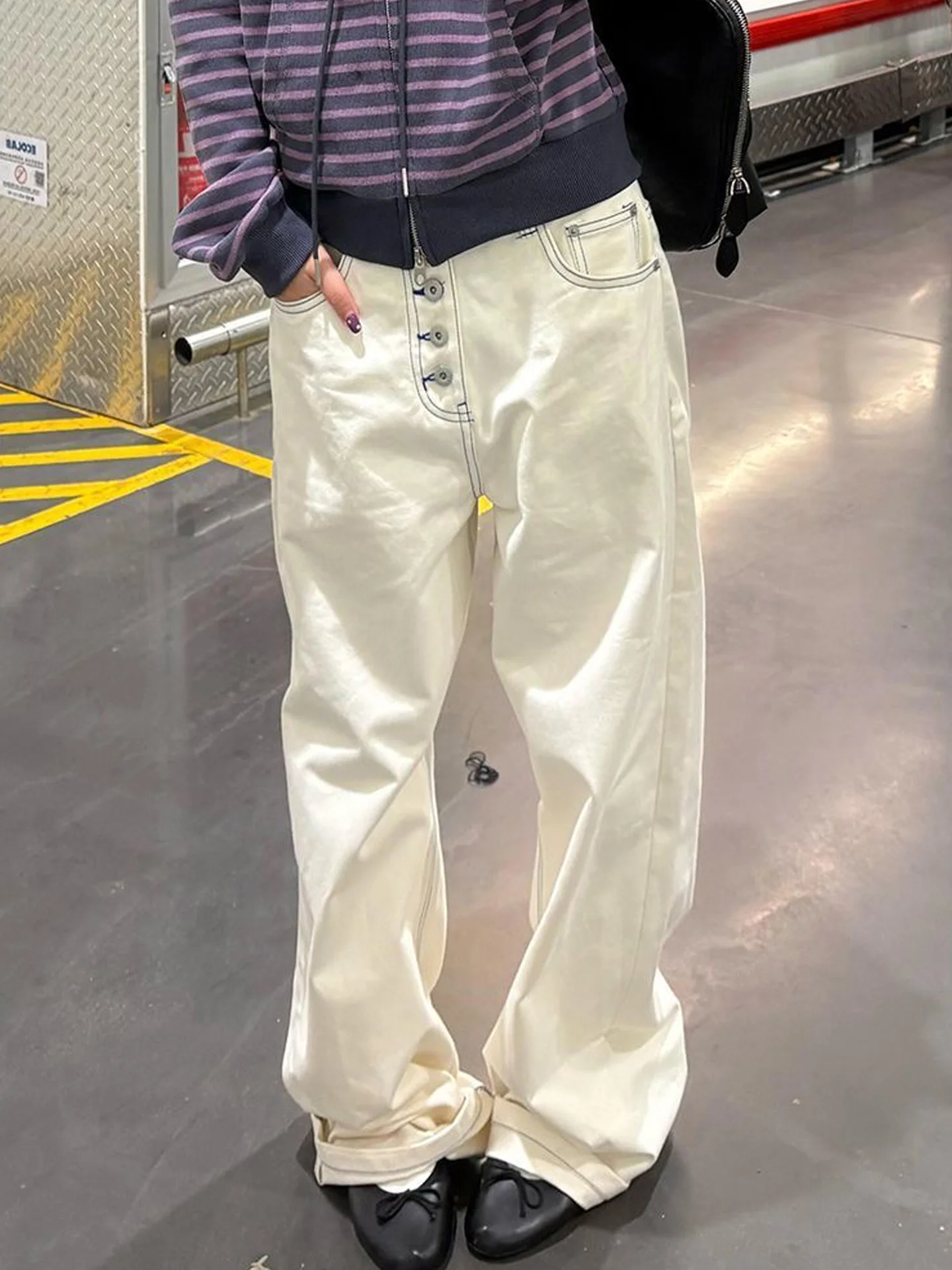 

Retro American White Denim Jeans Women's Loose Straight Leg Floor-Length Trendy Spring Summer New Style High Waist Wide Leg