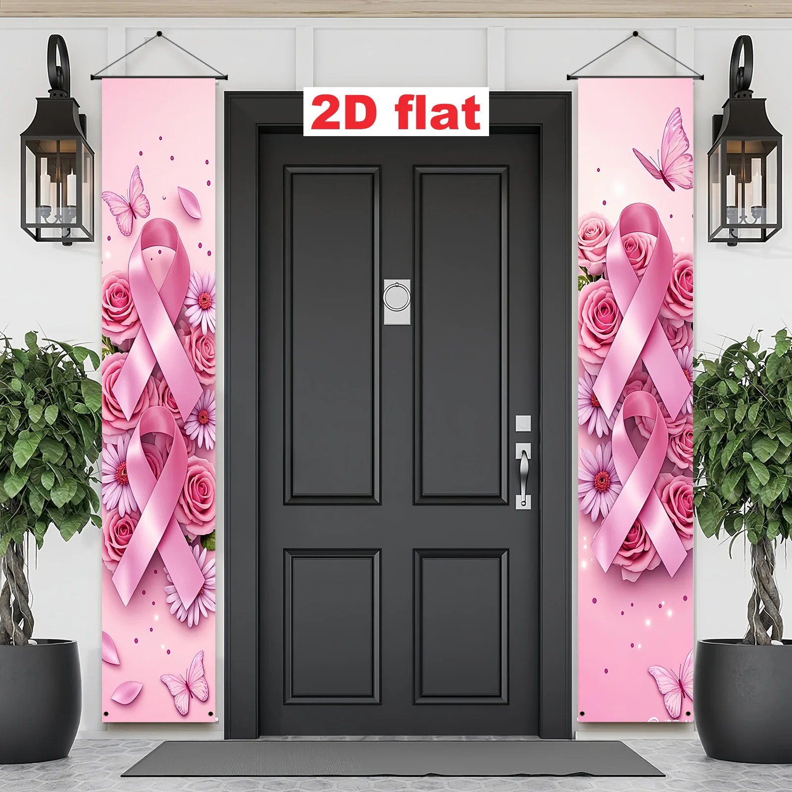 2Pcs 2D Flat Pink Ribbon Breast Cancer Awareness Door Couplet Banner Women Charity Indoor Outdoor Porch Decor Easy Install view 4