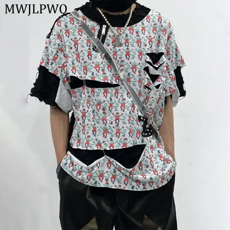 

MWJLPWQ Printed Design Short Sleeve T-Shirt For Men High Street Hole Pin Niched Couples Loose Casual Tops 2025 New Trendy 11436