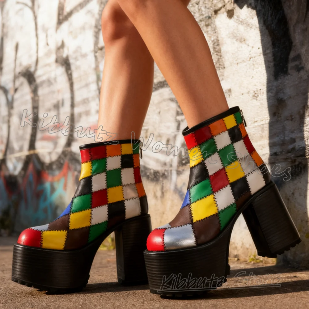 

Клетчатые ботильоны на платформе с круглым носком на массивном каблуке, кожаные разноцветные модные роскошные элегантные лаконичные пикантные новинки, новейшие туфли