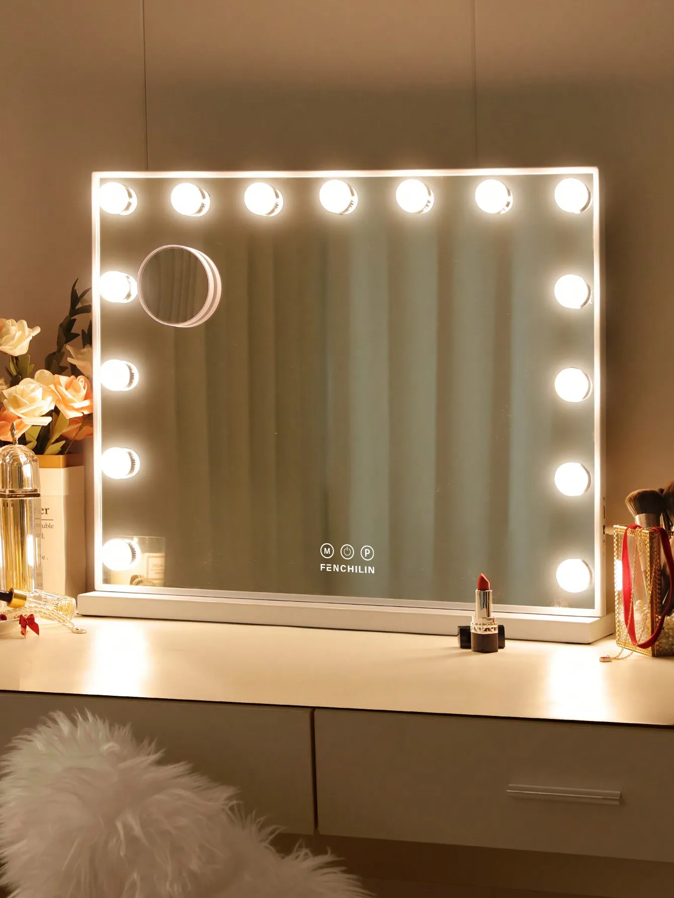 

23''X18'' Large Vanity Mirror With Lights,Lighted Makeup Mirror,Hollywoo D Mirror Adjustable Three Lights 15 Bulb Desktop Mirror