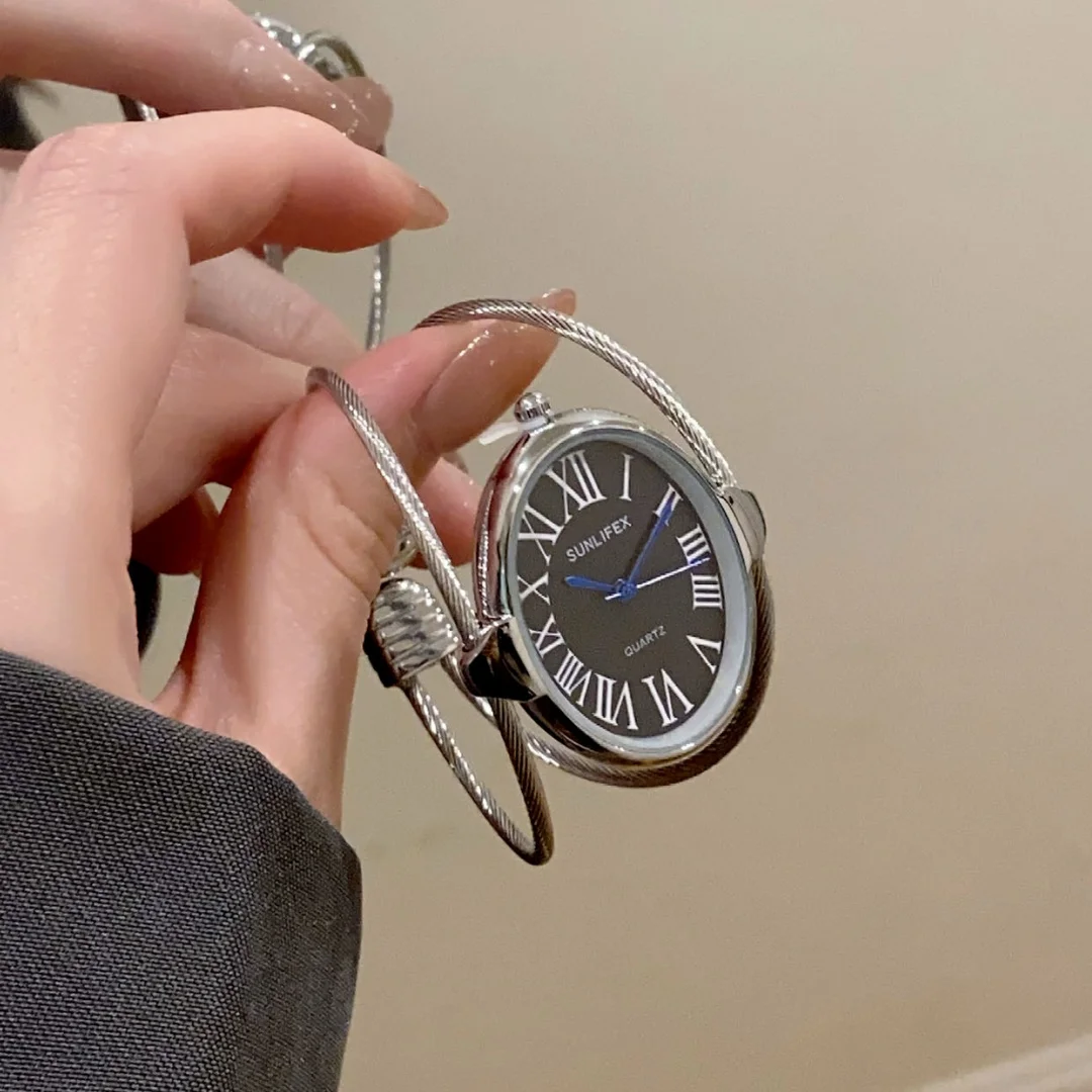 Feminino pulseira relógio escala romana oval dial aberto pulseira relógios das mulheres moda ouro prata vestido relógio de pulso das senhoras relojes